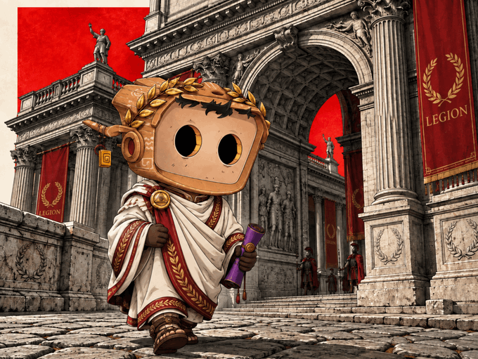 A cute robot-like character dressed in a Roman senator's toga and laurel crown holds a purple scroll while standing before a grand Roman archway adorned with red banners reading "LEGION." The image visually represents the @legiondotcc platform mentioned in the post, which discusses rumors of a new token launch ($JUMP) with rumored allocations similar to their previous "$squid" project.