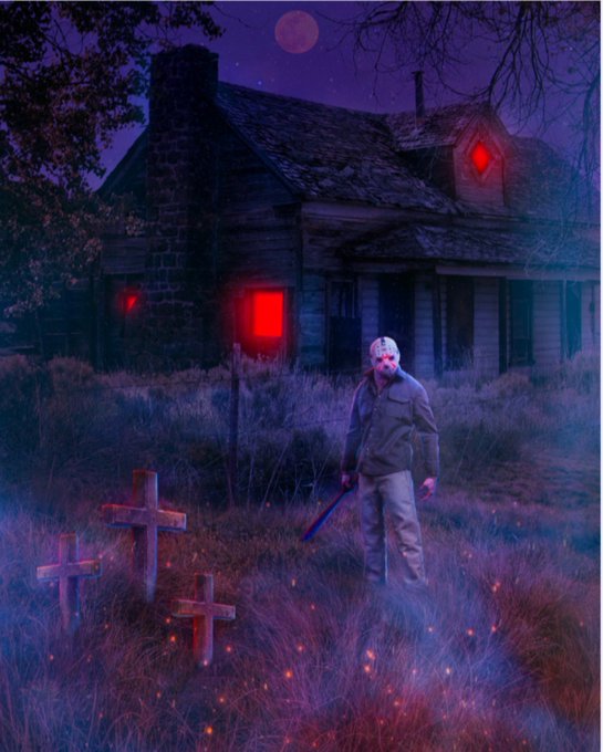A horror-themed illustration depicts a figure wearing a hockey mask and holding a machete standing in a foggy graveyard with glowing crosses, in front of a dilapidated house with sinister red-lit windows under a full moon.