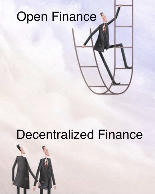 A meme image comparing 'Open Finance' to 'Decentralized Finance', showing a single businessman climbing a ladder at the top while two businessmen stand confused at the bottom.
