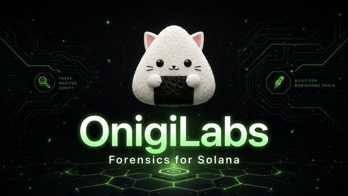 A digital advertisement for 'OnigiriLabs' featuring a cute, round cat character with a piece of onigiri, set against a dark tech-themed background with the tagline 'Forensics for Solana' and 'BUILT FOR ROBINHOOD CHAIN'.