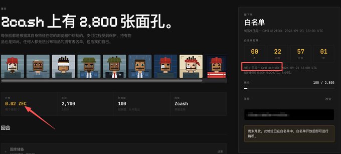 A screenshot of a Zcash (ZEC) website claiming there are 2,800 faces on Zcash, showing pixel art faces, a price of 0.02 ZEC, and a whitelist status with a red arrow pointing to the ZEC price.
