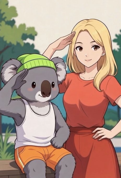 An anime-style illustration of a koala wearing a green beanie, white tank top, and orange shorts sitting next to a blonde woman in a red dress.