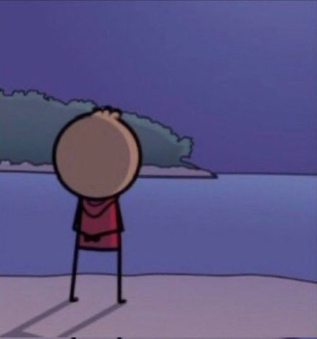 A cartoon character viewed from behind, standing on a beach looking out at the water under a dark blue twilight sky.