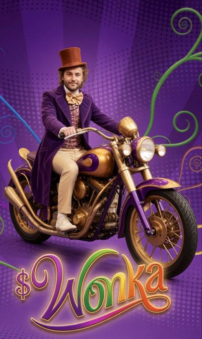 A promotional poster for the movie 'Wonka' features a man with a top hat and purple coat sitting on a gold and purple motorcycle against a purple background.