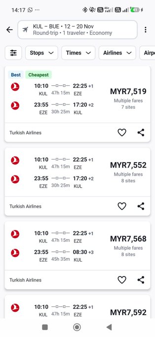 A flight search results screen showing Turkish Airlines round-trip options from KUL (Kuala Lumpur) to BUE (Buenos Aires) on 12-20 November, with prices ranging from MYR 7,519 to MYR 7,592.
