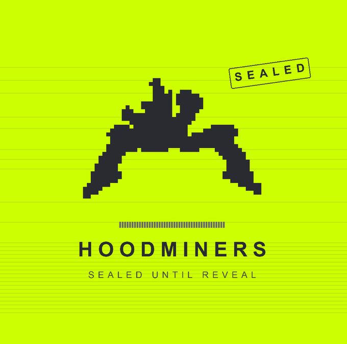 The image features a pixelated silhouette of a figure wearing a wide-brimmed hat against a bright green lined background, with a "SEALED" stamp in the corner and the text "HOODMINERS - SEALED UNTIL REVEAL" displayed below. It serves as the official branded graphic for the Hoodminers NFT collection drop, coinciding with the FCFS (first-come, first-served) mint announcement shared in the post.