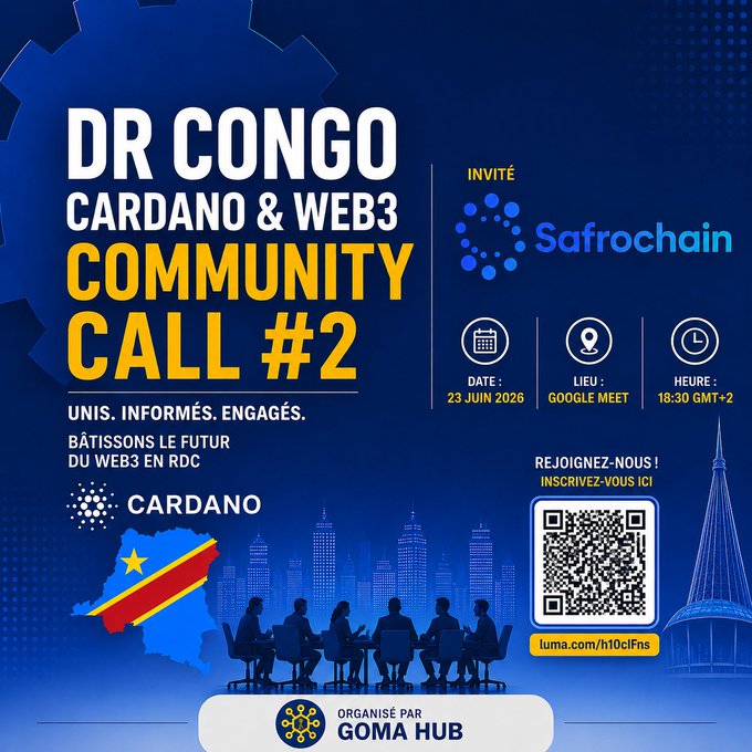The image features a poster for an event called "DR Congo Cardano & Web3 Community Call #2" that takes place at a conference center from June 23rd - 28th, 2023. The poster includes information about the event, such as its location and date, along with details on how to register or participate in it. There are also some images of people sitting around tables, which could be used for promotional purposes or to represent networking opportunities at the event.