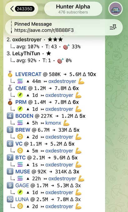 A Telegram group chat screenshot titled 'Hunter Alpha' (476 subscribers) displaying cryptocurrency loan statistics for assets like LEVERCAT, CME, PRM, BODEN, BREW, VC, BTC, MUSE, GAGE, and LUNA.