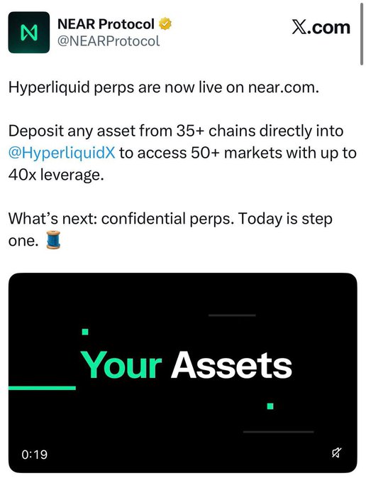 The image shows a screenshot of an advertisement for a trading service called Near, which offers Cryptocurrency Trading. The screenshot displays the text "NEAR vừa tích hợp Hyperliquid perps trực tiếp vào ví mặc đân bài fomo như thiên gì to lắm, nôm na là kiếm thêm cho Near". This text suggests that the advertisement is related to cryptocurrency trading on Near. The screenshot also shows a post from the trading service where they have provided details about their offerings and services for cryptocurrency traders.