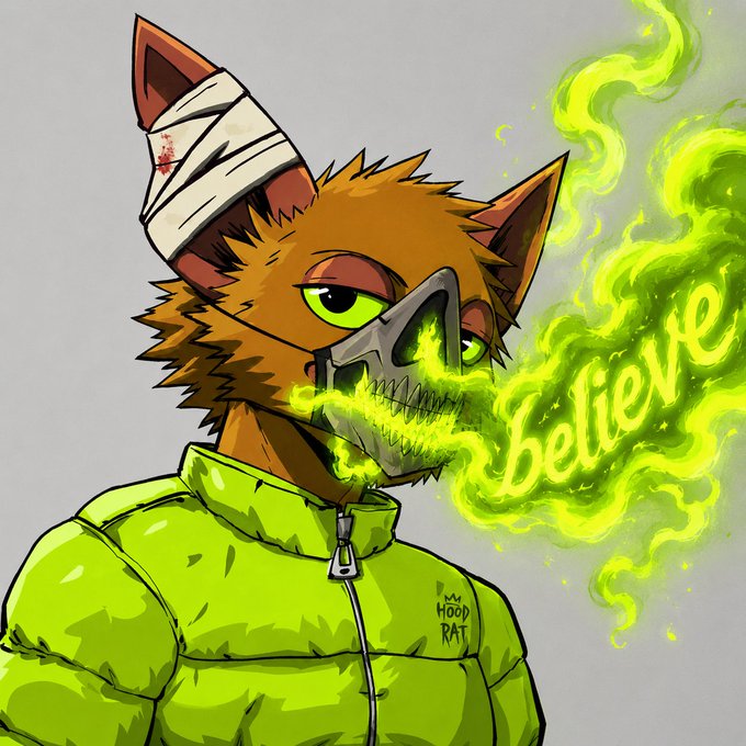 An anime-style illustration of a fox-like character with a bandaged ear, wearing a green puffer jacket, exhaling green smoke shaped like the word 'believe'. The jacket has 'HOOD RAT' text with a small crown.