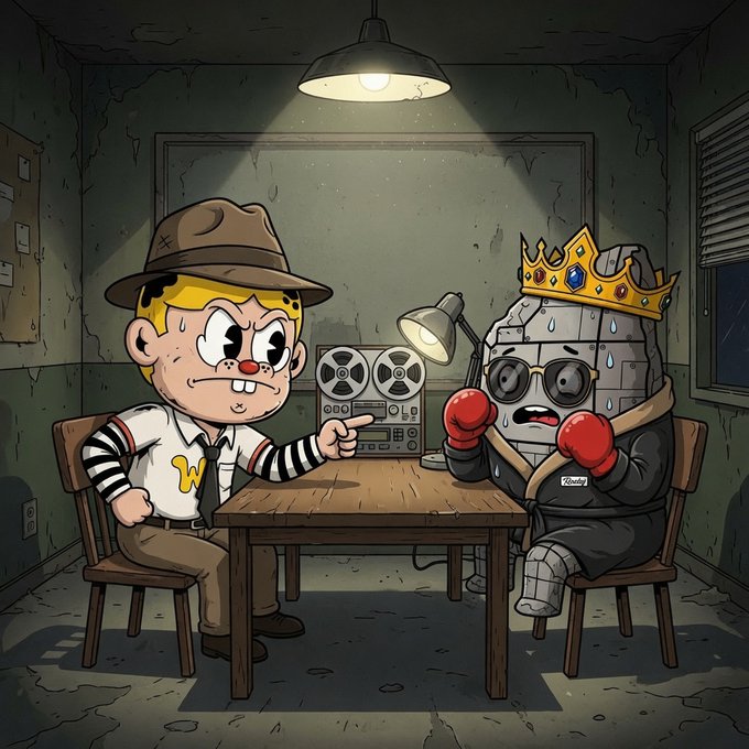 Cartoon-style illustration of Waldo (Where's Waldo) interrogating a crowned stone head character wearing glasses and boxing gloves, seated at a table with a tape recorder in a dimly lit room.