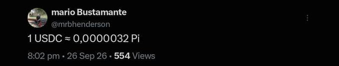 A tweet by mario Bustamante (@mrbhenderson) at 8:02 pm on 26 Sep 26 showing "1 USDC ≈ 0.0000032 Pi" with 554 views, which serves as the premise for a follow-up post calculating the implied value of 1 Pi as 312,500 USDC.