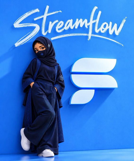 A stylized promotional graphic featuring a woman in a navy blue hijab and outfit standing next to a large 'F' logo on a bright blue background, with 'StreamFlow' written above her.