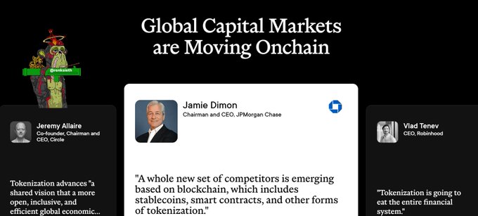 A graphic titled 'Global Capital Markets are Moving Onchain' featuring quotes from Jeremy Allaire (Circle), Jamie Dimon (Chairman and CEO, JPMorgan Chase), and Vlad Tenev (CEO, Robinhood) about tokenization and blockchain technology.