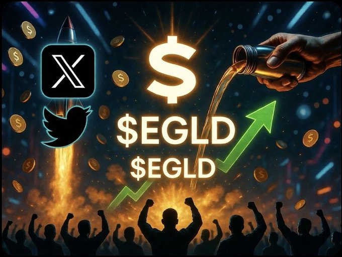 A promotional graphic featuring the Twitter/X logo, a rocket, and the text '$EGLD' with a green upward arrow, symbolizing the growth of the MultiversX cryptocurrency.