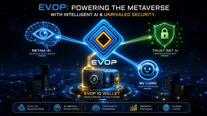 A promotional graphic for 'EVOP: POWERING THE METAVERSE WITH INTELLIGENT AI & UNRIVALED SECURITY,' showcasing products including RETINA AI, TRUST NET AI, EVOP IQ WALLET, and MY LUMIO, with features like 'BUILT ON BLOCKCHAIN' and 'AI-DRIVEN ECOSYSTEM.'