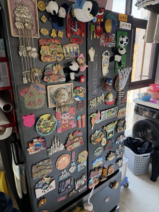 A gray metal cabinet or refrigerator door is densely covered with various tourist souvenirs, including magnets, stickers, and pins depicting landmarks, food, and cultural symbols.