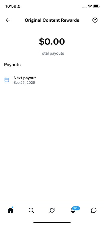 A mobile app screen titled 'Original Content Rewards' displays '$0.00 Total payouts' with a 'Next payout' scheduled for Sep 25, 2026.