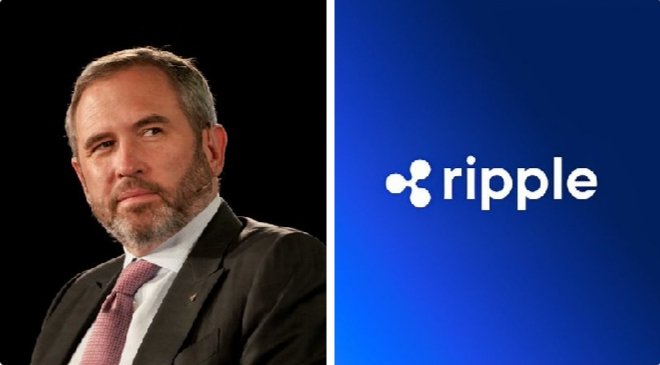 The image shows a man wearing a suit with a name tag attached next to the word "RIPPLE" written in white letters against a blue background. The text says that Ripple CEO Brad Garlinghouse is "Targeting the global cross-border payments market", which indicates that they are targeting the industry of processing over $150 trillion annually and aiming for regulatory clarity and institutional adoption. This implies that Ripple is entering or expanding into an established, efficient financial ecosystem to meet the growing demands of the global marketplace.