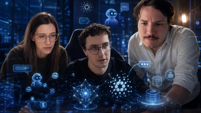 Three people looking intently at a glowing blue holographic interface displaying AI, chat, database, and digital connection icons against a city skyline backdrop.