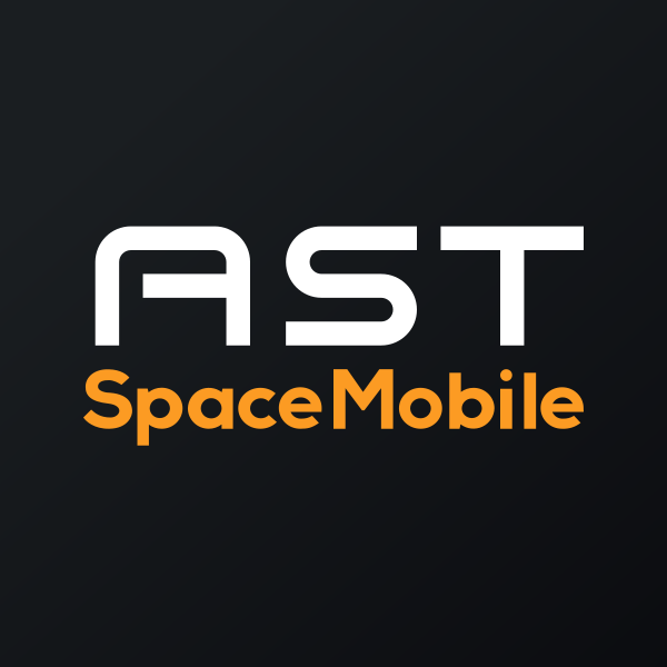 The AST SpaceMobile logo is displayed with white "AST" lettering above orange "SpaceMobile" text on a black background.