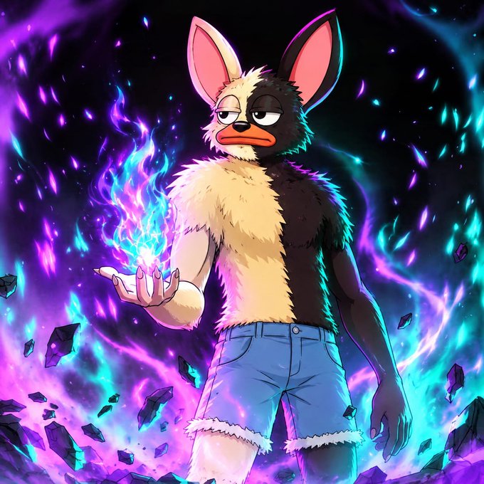 An anime-style illustration of an anthropomorphic furry character with a half-cream, half-black face and rabbit ears, holding a swirling blue and purple flame in its hand against a vibrant magical background.