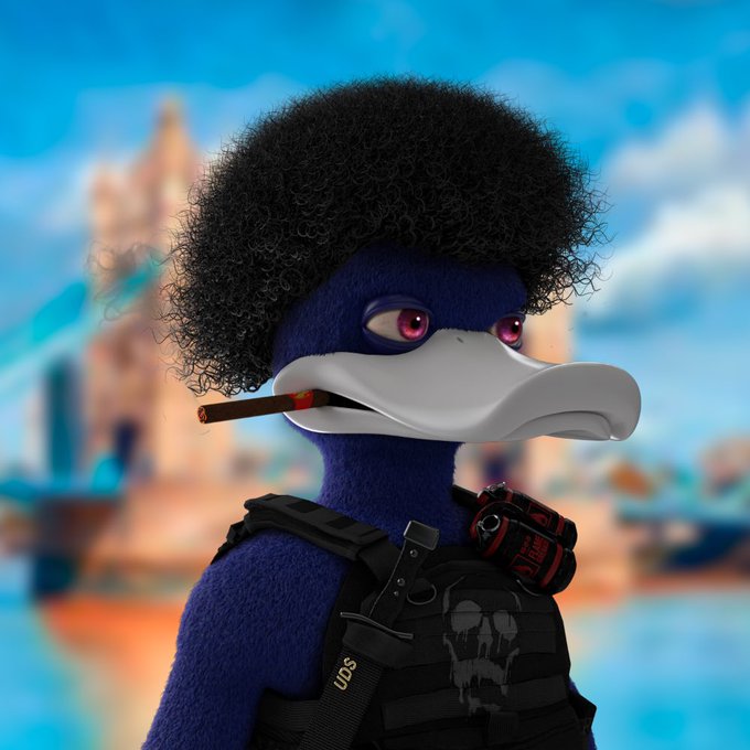 A blue anthropomorphic character with red eyes, a large white beak, and a black afro smokes a cigar while wearing tactical gear, with a blurred amusement park background.