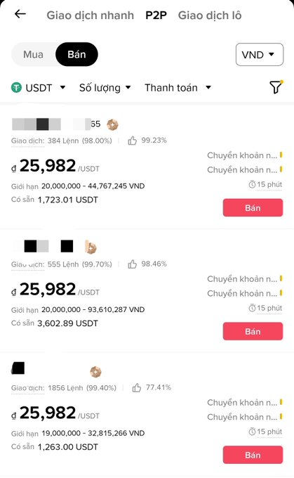 A Vietnamese P2P cryptocurrency trading interface showing USDT sell listings with prices around 25,982 USDT and corresponding VND limits.