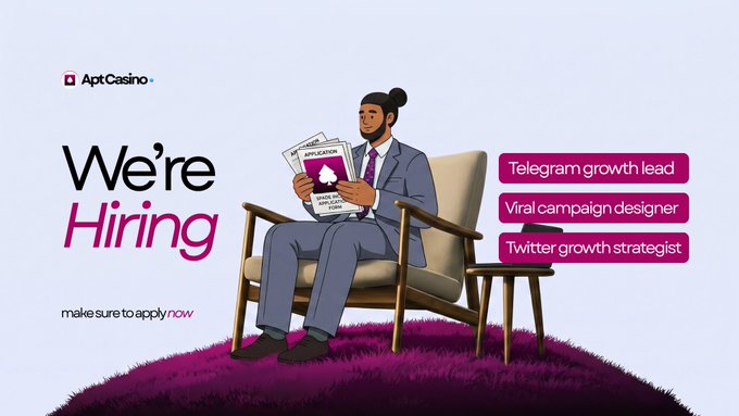 The image features a man sitting in an office chair with his back facing the camera. The background shows a purple grassy area, which contrasts with the white text that reads "We're hiring" at the top. Below this, there are three bullet points providing information about the job opportunities available on the site. One of these points mentions that the company is looking for people to work in their Telegram Growth Lead role and that they value execution and community growth. The man sitting in the chair appears to be a potential candidate or an existing employee who has been hired by the company, as indicated by the text "We move fast. We test ideas daily. We reward execution."