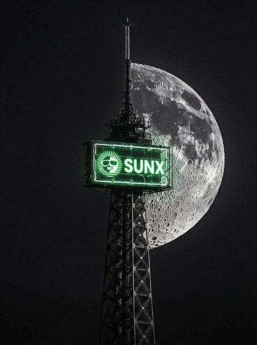A neon green "SUNX" sign on a tower is juxtaposed with a large moon, symbolizing ambitious growth and future achievements. The image visually represents the message of forward-thinking momentum and reaching for new heights.