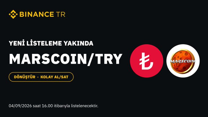 Binance TR promotional banner announcing the upcoming listing of MarsCoin (MARSCOIN/TRY), scheduled for September 4, 2026 at 16:00, featuring the Binance TR logo, the MarsCoin planetary emblem, and the tagline "Dönüştür · Kolay Al/Sat" (Convert · Easy Buy/Sell).
