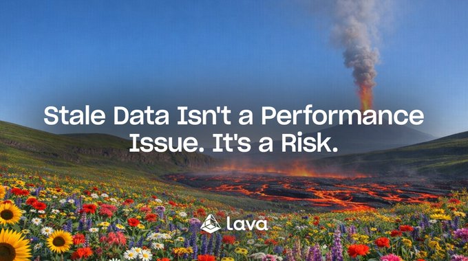 This image shows a volcano erupting lava with flowers in the foreground, overlayed with the text "Stale Data Isn't a Performance Issue. It's a Risk." and the Lava logo. The juxtaposition of dangerous lava and beautiful flowers visually represents the risk of outdated data in the context of a vibrant, evolving digital landscape, as highlighted by Lava's tracking capabilities.