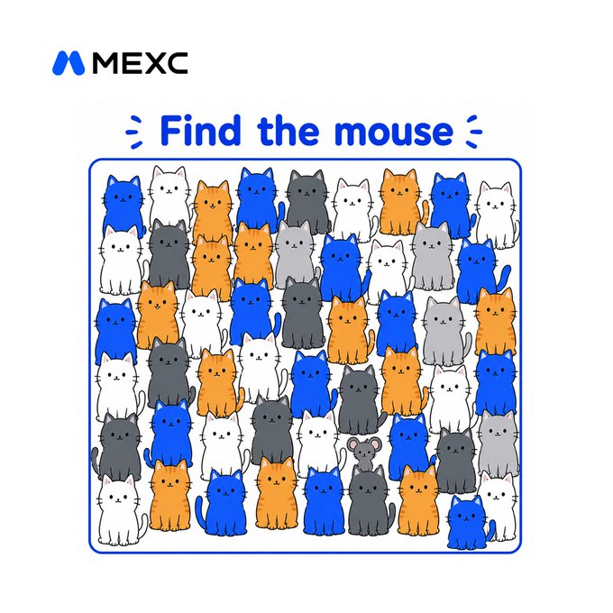 The image features a "Find the mouse" puzzle from MEXC, showing a grid of colorful cats in blue, orange, white, and gray, with a small gray mouse cleverly hidden among them in the lower right section of the grid.