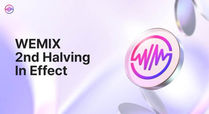 A promotional banner announcing 'WEMIX 2nd Halving In Effect' with the WEMIX pink and purple logo.