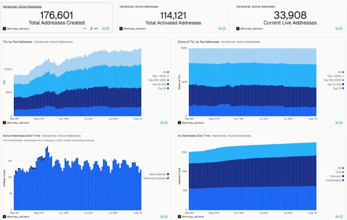 A dashboard of address analytics charts showing 176,601 Total Addresses Created, 114,121 Total Activated Addresses, and 33,908 Current Live Addresses for what appears to be the Berachain network, with multiple time-series charts displaying TVL, address shares, and activity over time.