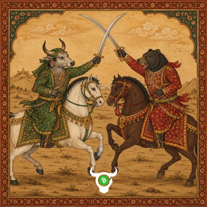 An ornate Persian or Mughal-style illustration depicting a bull and a bear, dressed as warriors in green and red robes, crossing swords while mounted on a white and brown horse respectively, with a Bitcoin bull logo watermark at the bottom.