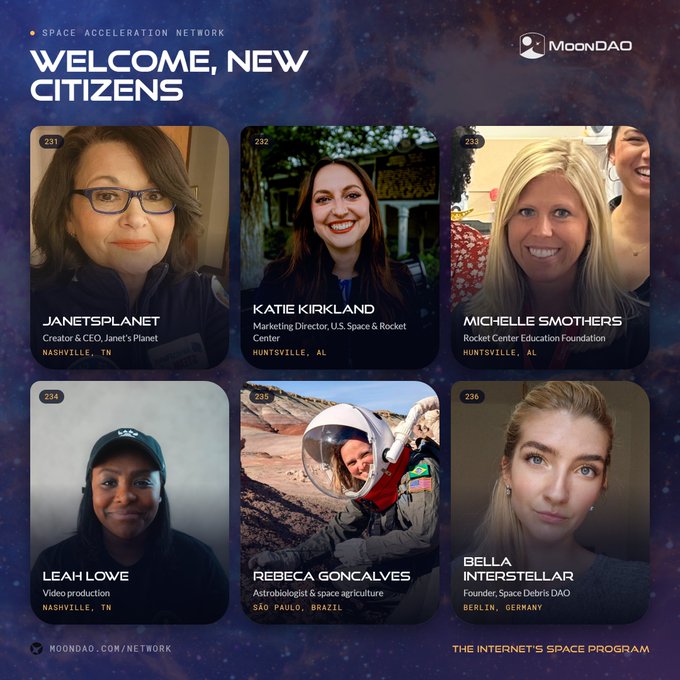 MoonDAO 'Welcome, New Citizens' announcement for the Space Acceleration Network, featuring six new members including Janet's Planet (Janet), Katie Kirkland, Michelle Smothers, Leah Lowe, Rebeca Goncalves, and Bella Interstellar.