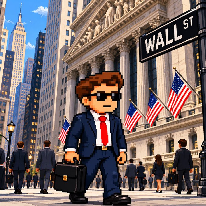 A pixel art style illustration of a businessman with sunglasses and a briefcase walking on Wall Street in front of the New York Stock Exchange, surrounded by American flags and skyscrapers.