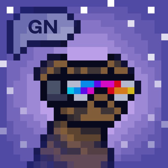 A pixel art image featuring a character wearing colorful 3D glasses against a purple background with "GN" displayed in the upper left corner.