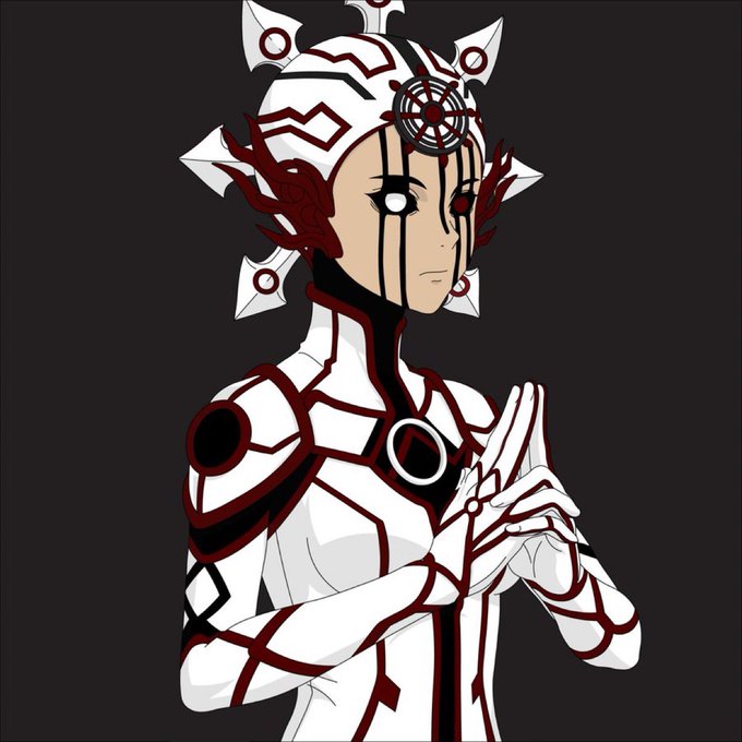 An anime-style illustration of a character in intricate white and red futuristic armor with a spiked headpiece and a red wheel emblem on the forehead, shown with one glowing white eye.