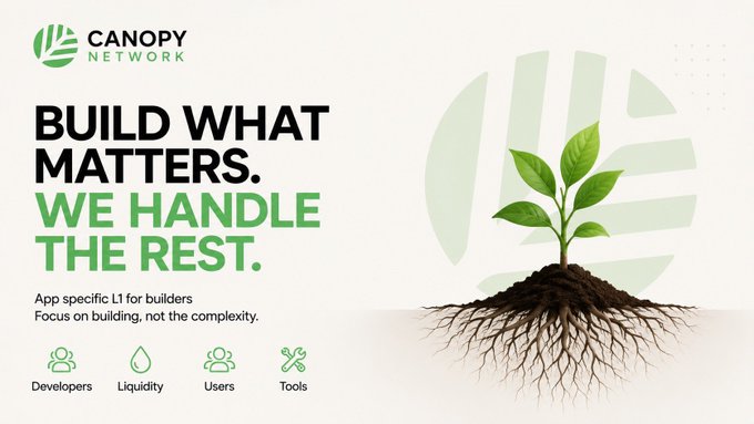 A promotional banner for Canopy Network featuring the tagline "Build What Matters. We Handle the Rest." and advertising app-specific Layer 1 infrastructure for builders, with icons highlighting the four key pillars: Developers, Liquidity, Users, and Tools, accompanied by a graphic of a growing plant. The image visually reinforces the post's message by illustrating the full ecosystem needed for blockchain success—developers, liquidity, users, and tools—rather than just infrastructure alone.
