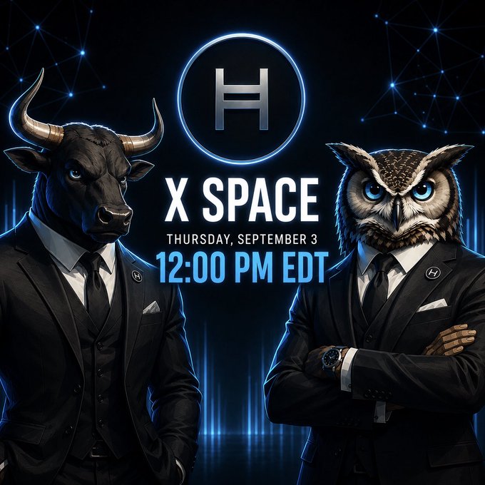 Event announcement for 'X SPACE' on Thursday, September 3 at 12:00 PM EDT, featuring a logo with an 'H' and two figures wearing business suits—one with a bull's head and one with an owl's head—against a dark blue background with connected network lines.