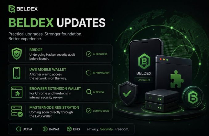 A 'BELDEX UPDATES' infographic detailing project statuses: Bridge (In Progress), LWS Mobile Wallet (In Preparation), Browser Extension Wallet (In Review), and Masternode Registration (Coming Soon), alongside illustrations of digital wallets and servers.