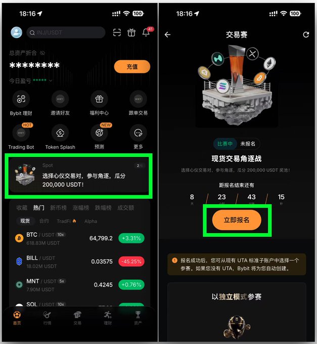 A two-panel screenshot of the Bybit cryptocurrency app in Chinese, highlighting a 'Spot Trading Tournament' offering a 200,000 USDT prize pool, with green boxes emphasizing the tournament banner and the orange '立即报名' (Register Now) button.