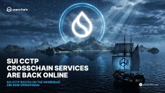 The image promotes WanBridge's relaunch of Sui CCTP crosschain services, featuring a Viking ship at sea under a glowing water droplet logo, with text announcing "SUI CCTP CROSSCHAIN SERVICES ARE BACK ONLINE" to support a 7-14 day bridge-to-earn campaign rewarding users with xWAN for transferring USDC and completing tasks.