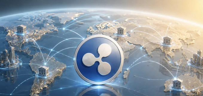 A digital graphic showing the Ripple (XRP) logo centered over a stylized world map with glowing network connections and bank icons, suggesting global financial connectivity.