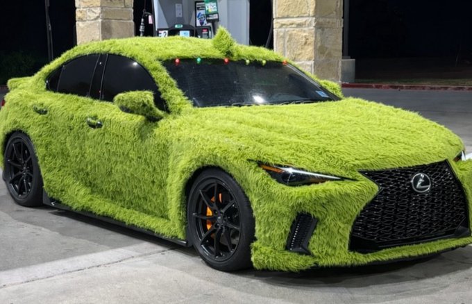 A lime-green fur-covered Lexus sedan, decorated with string lights along the windshield, sits parked at a gas station—evoking a "stonks" meme aesthetic that mirrors the post's bullish tone about $STONK rewards being paid out to $KNOTS holders.