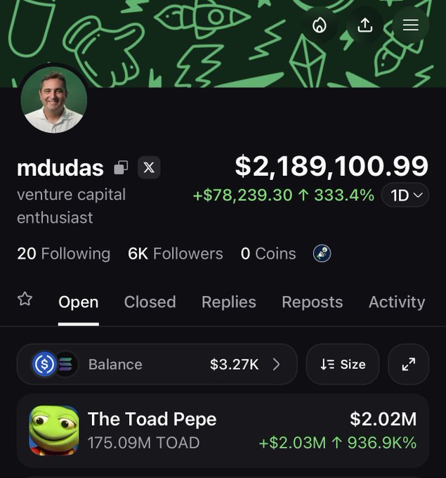 A profile screenshot for "mdudas," a venture capital enthusiast, shows a portfolio balance of $2,189,100.99 with a 333.4% gain (+$78,239.30), prominently featuring a top holding called "The Toad Pepe" valued at $2.02M (up 936.9K%). The image captures a successful trading day on the @Pumpfun app, highlighting explosive returns on meme coin positions.