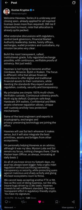 The image shows a Twitter/X post by Kostas Kryptos (@kostascrypto), co-founder of Mysten Labs, announcing HavenEx—a transparent, institutional-grade exchange backed by Sui, featuring verifiable custody, continuous solvency proofs, and hardware 2FA wallets with 2-of-3 multisig by default.