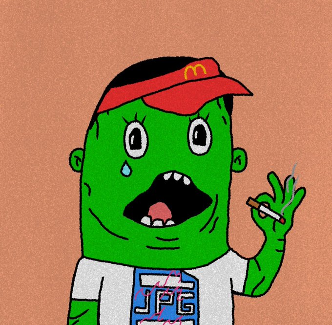 A cartoon green character with a tear on his face wears a McDonald's visor and a shirt with 'JPG' text, holding a cigarette in a distressed expression.